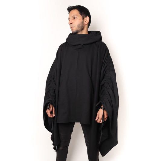PONCHO IKI | ALGODÓN NEGRO CON GORRO