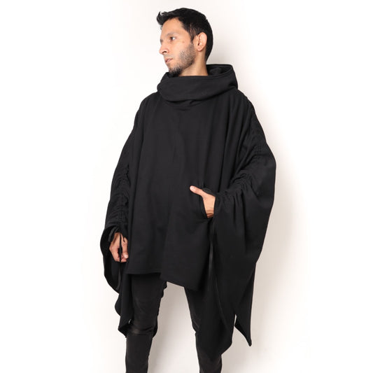 PONCHO IKI | ALGODÓN NEGRO CON GORRO