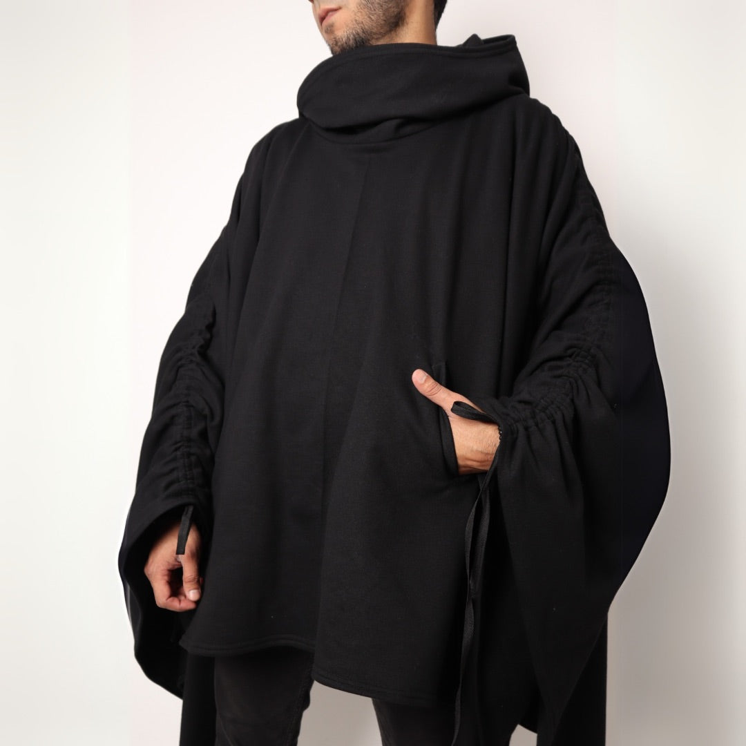 PONCHO IKI | ALGODÓN NEGRO CON GORRO