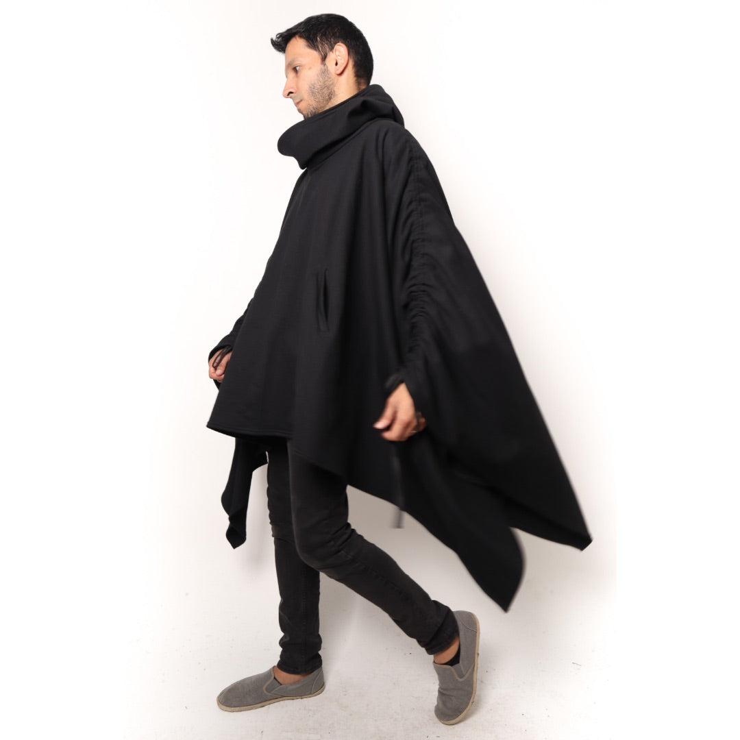 PONCHO IKI | ALGODÓN NEGRO CON GORRO